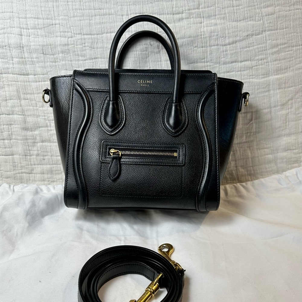 Celine nano luggage black and gold duo texture calfskin crossbody bag mini bag